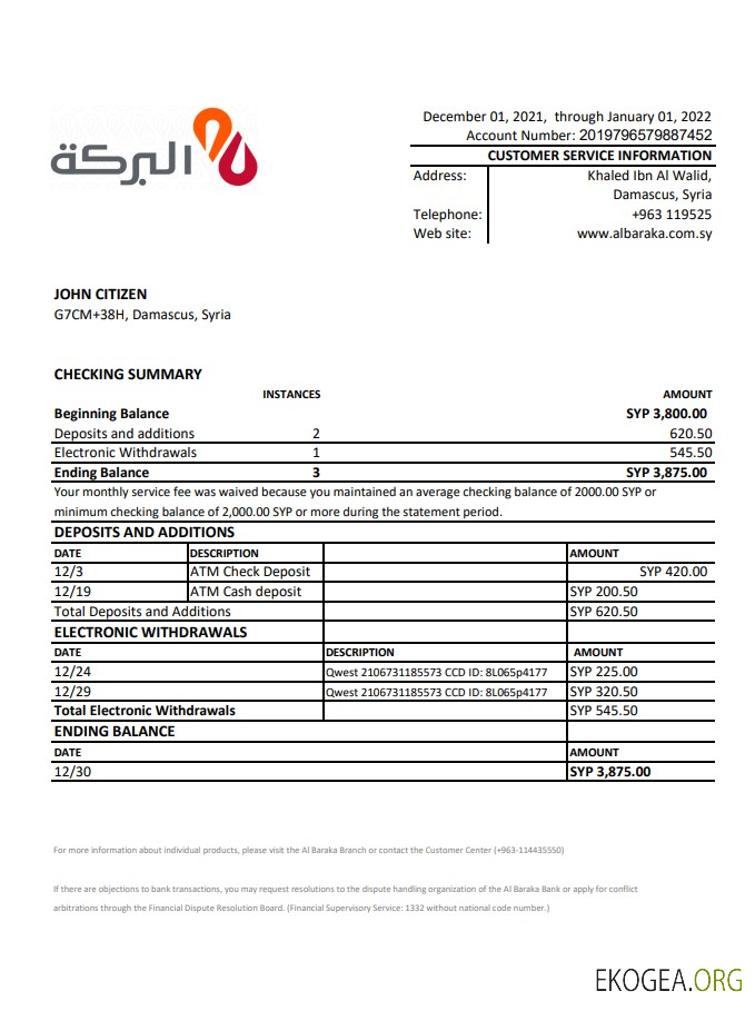 Relevé bancaire d'Al Baraka en Syrie xls